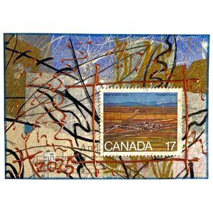 ACEO Original Art Acrylic Collage 1980 Canada Mining Town AB Postage Stamp ATC